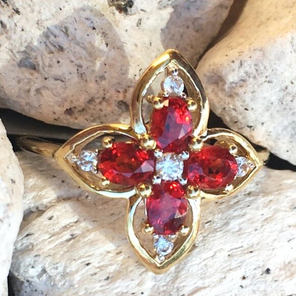 Tanzanian Ruby & White Zircon 9K Yellow Gold Ring Genuine Gemstones July - Picture 1 of 14